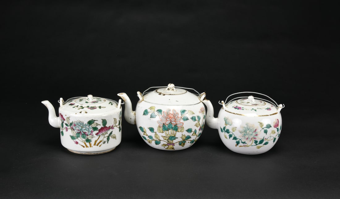 A Group of Three Famille-Rose Teapots with Floral Decoration (1 of 9)