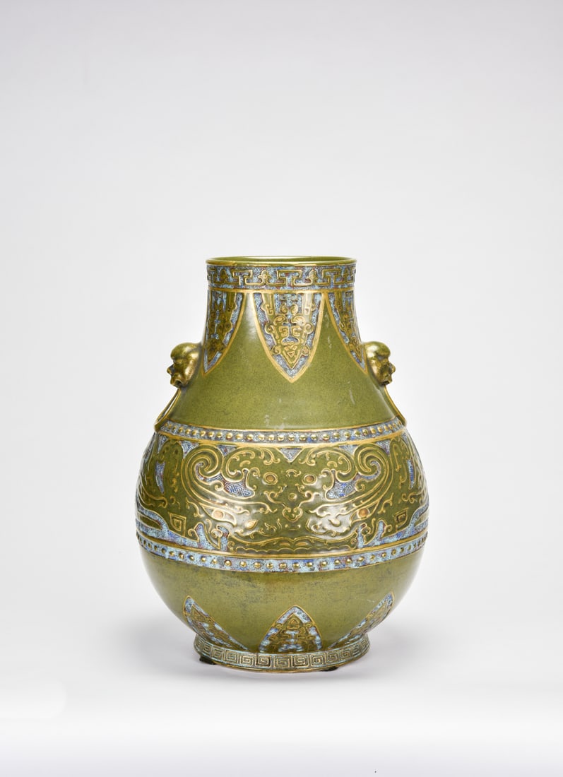 A Large Archaistic Bronze-Style Glazed Vase, ?Jiuwan Shanfang? Mark, Late Qing Dynasty (1 of 8)