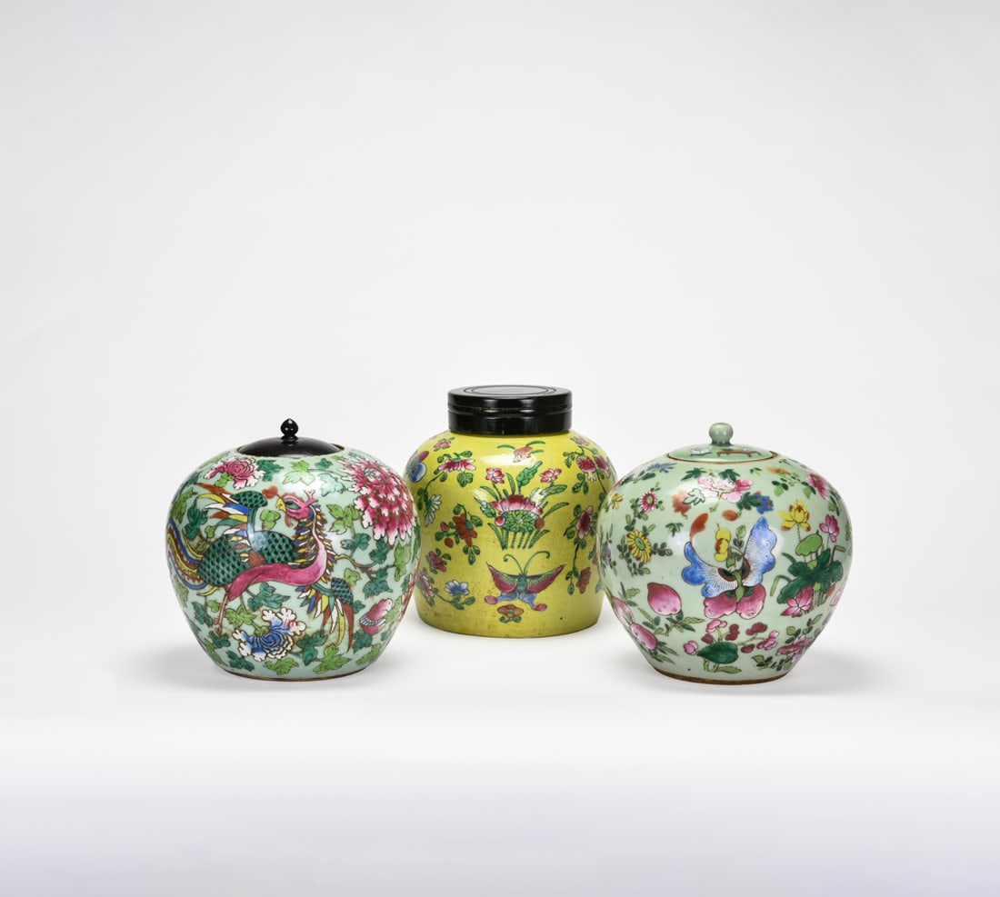 A Two Famille Rose Porcelain Covered Jars And One Yellow Ground Floral Decoration (1 of 10)