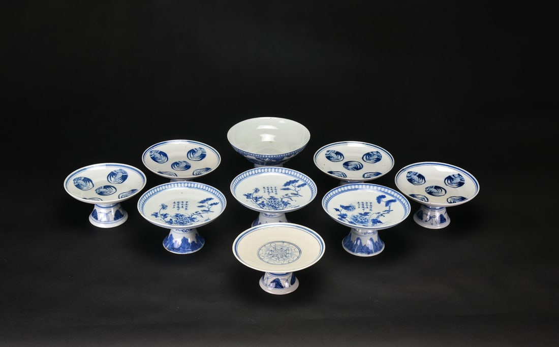 A Group of Nine Blue and White Stem Dishes and Plates Three Pieces with Kangxi Marks Qing Dynasty (1 of 11)