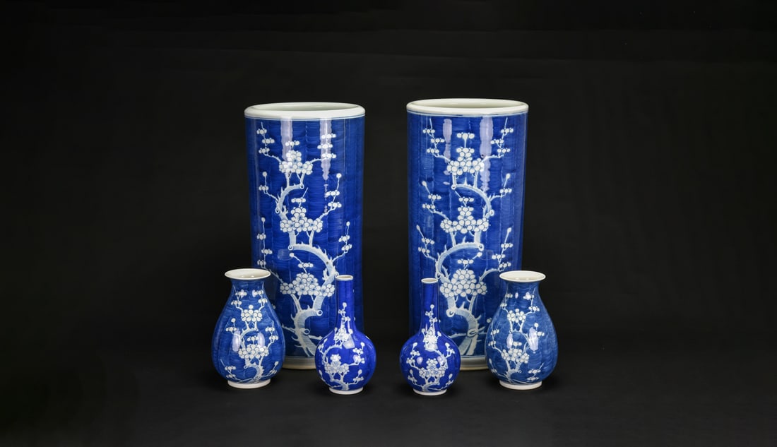 A Three Pairs of Blue-Ground ?Prunus? Vases, 20th Century (1 of 11)