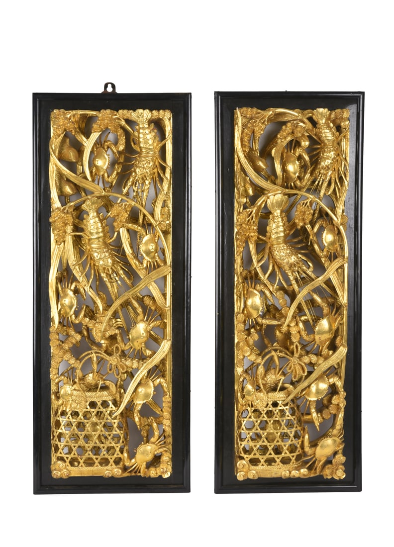 A Pair of Mid 20th-century Carved Wood Wall Relief Panels with a Gilt-painted Finish (1 of 8)