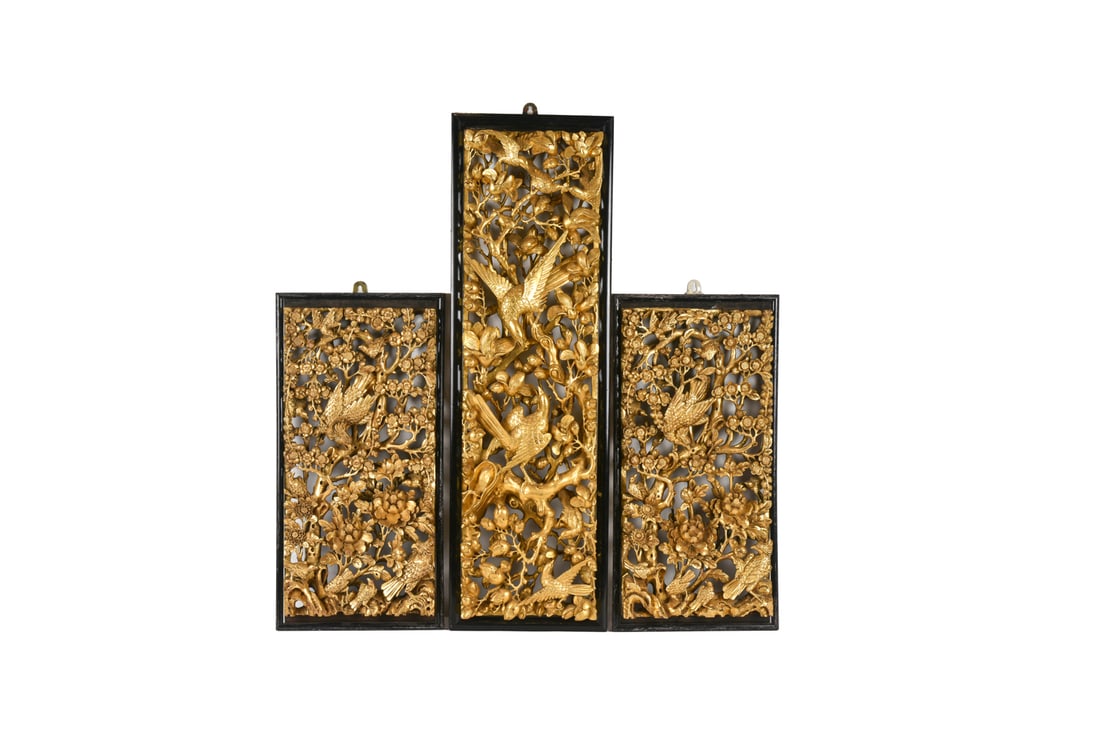 A Set of Three Mid 20th-century Carved Wood Openwork Wall Panels with Gilt-painted Finish (1 of 12)