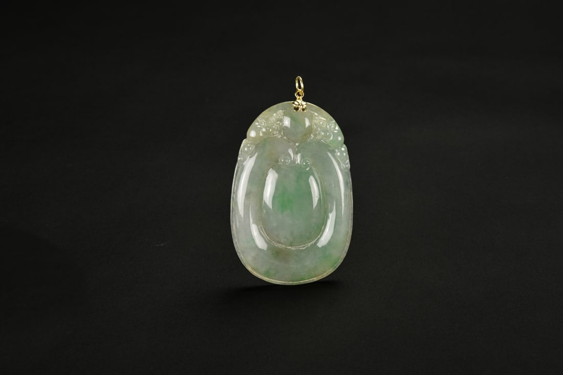 One Carved Semi-Translucent Jadeite ?Peach And Lingzhi? Pendant With 14K Gold Mount (1 of 9)