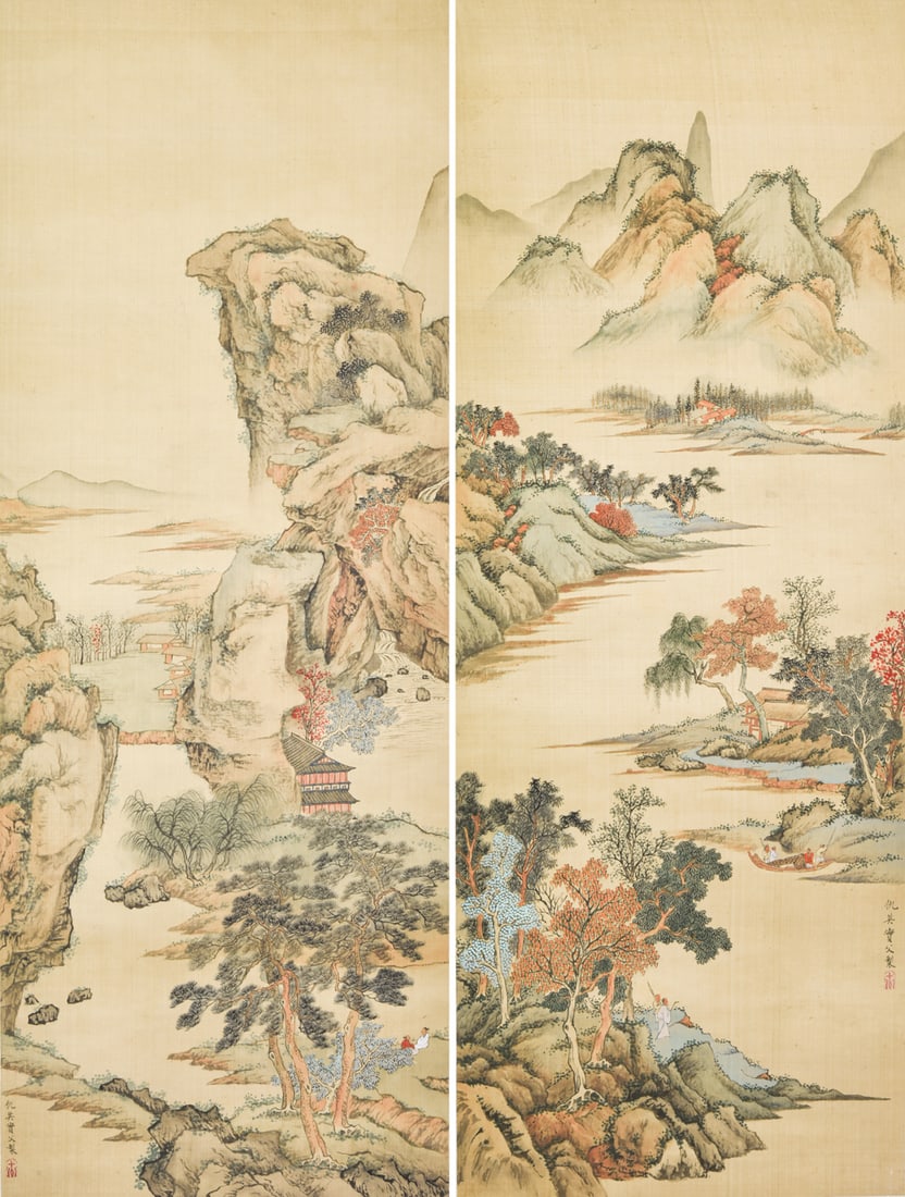 Attributed To: Qiu Ying (1505-1552) Two Landscape Paintings Ink And Color On Silk: Two Hanging Scrolls, Signed And Seals 97.5 cm X 36.5 cm (38 3/8 in X 14 3/8 in) X 2 共約 6.4 平尺 傳 仇英（1505-1552) 兩幅山水 &