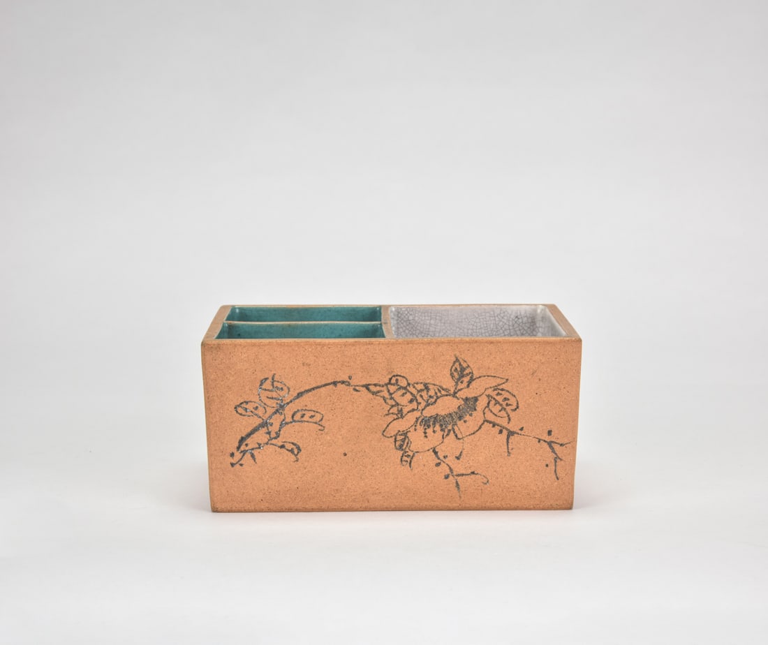 A Yixing Zisha Flowers And Calligraphy Three-Compartment Scholar?s Box: Of rectangular form, the Yixing stoneware box is divided into three compartments, the larger compartment covered in a finely crackled pale bluish-white glaze and the two smaller compartments in a
