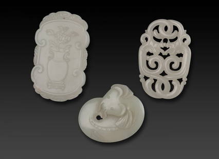 Qing -A Group Of Three White Jade Pendants Carved: Qing A Group Of Three White Jade Pendants Carved ‘Fortune, Double Dragon And Koi Became Dragon’ 7.3 x 4.5 x 0.6 cm (2 7/8 x 1 3/4 x 1/4 in.) 清 白玉佩三ߥ