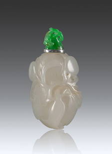 Qing - A White Jade Snuff Bottle With Green Jadeite: Qing A White Jade Snuff Bottle With Green Jadeite Stopper Carved ‘Goose and Peach’ H:7 cm. (2 3/4 in. ) 清 白玉鼻煙壺雕蘆雁壽