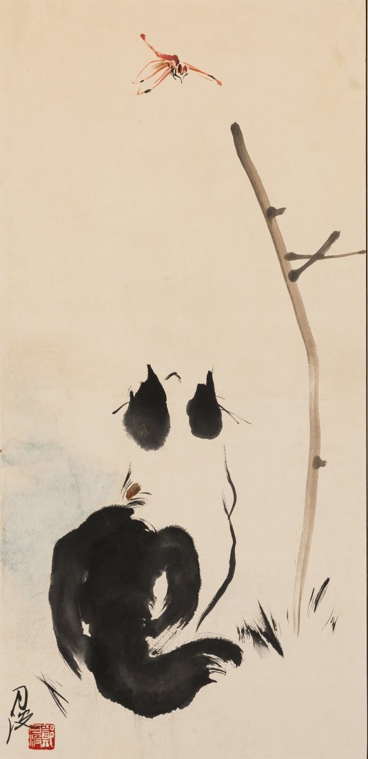 Zheng YueBo (1907-1991) Cat: Zheng YueBo (1907-1991) Cat Ink and color paper, framed. Signed and seal. 67 x 32 cm. (26 3/8 x 12 1/2 in.) 鄭月波(1907－1991) 貓 約1.9平方尺 %