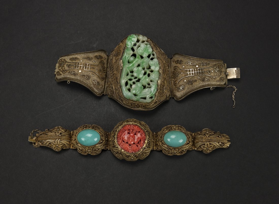 Late Qing/Republic-Two silver hand bracelets mounted: Late Qing/Republic Two silver hand bracelets mounted with jadeite, coral and gems L:17 1/2 cm. (6 3/4 in.) - 19 cm. (7 1/2 in.) 晚清/民國 銀掐絲鑲॔
