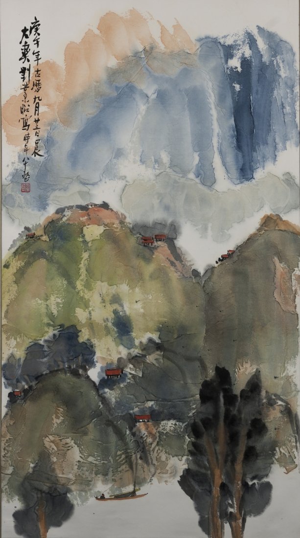 Liu Ye Zhao (1910-2003)-Ink and color on paper,: Liu Ye Zhao (1910-2003) Ink and color on paper, unframed. Signed and seals 135 x 74.5 cm. (53 1/8 x 29 1/4 in.) 劉業昭（1910-2003）沷彩山水 ಀ