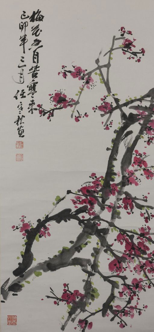 Ren Han Qiu (B.1942) Plum Flower-Ink and color on: Ren Han Qiu (B.1942) Plum Flower Ink and color on paper, hanging scroll, year 1999. Signed and seals. 103 x 47.5 cm. (40 1/2 x 18 3/4 in.) 任寒秋 （B.1942) 梅花 