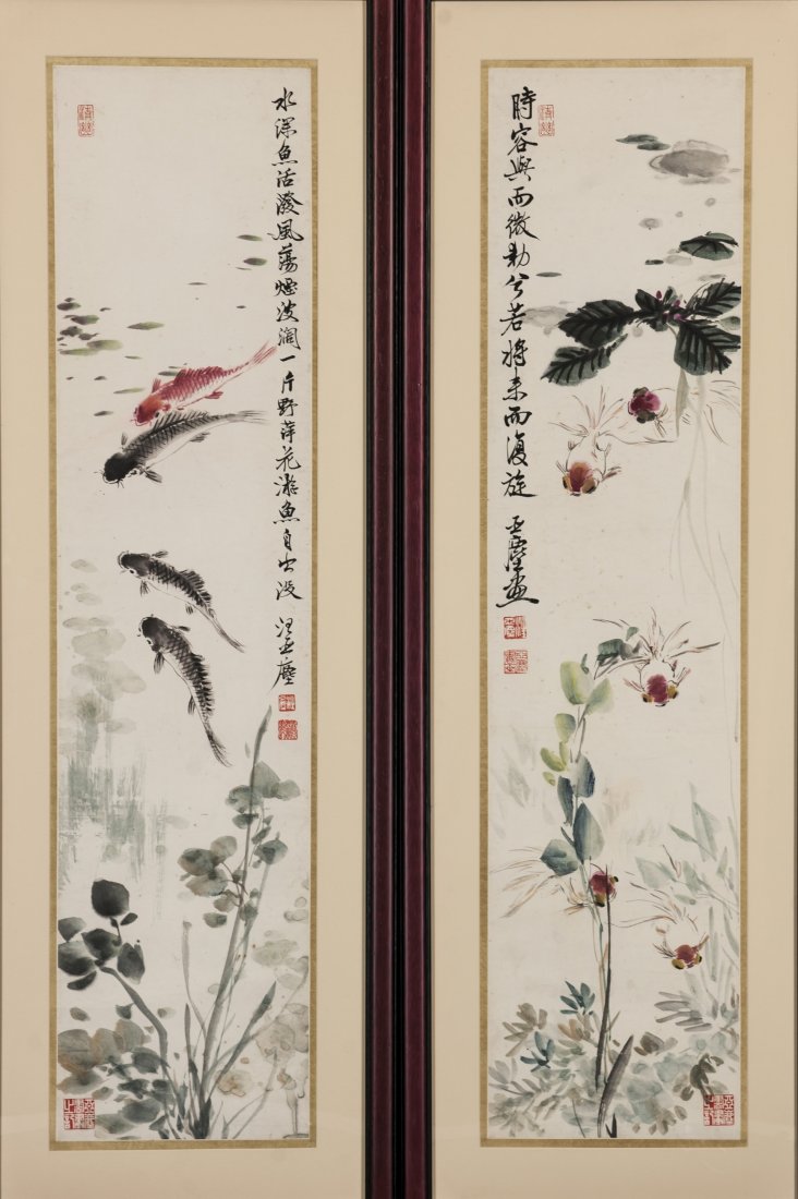 Wang Yachen (1894-1983) Fishes: Wang Yachen (1894-1983) Fishes Ink and color on paper. Signed and seal. 89 x 21 cm. (35 x 8 1/4 in.) 汪亞塵（1894-1983） 約3.4平方尺 鏡õ