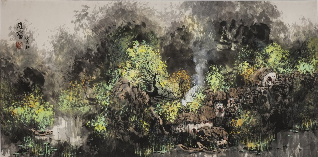 Wang Weibao (B.1942) Landscape: Wang Weibao (B.1942) Landscape Ink and color on paper. Framed, sign and seal. 100 x 49 cm. (39 3/8 x 19 1/4 in.) 王維寶 (B.1942) 山水 約4.4平方尺 