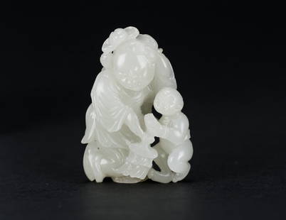 Ming-A Fine Even White Jade Carved Two Boys Holds: Ming-A Fine Even White Jade Carved Two Boys Holds Lateen And Lotus 5.5 cm. 明 白玉雙童子挑燈抱荷