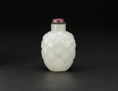 18th Century -A Fine Even White Jade Carved Lotus Snuff: 18th Century-A Fine Even White Jade Carved Lotus Snuff Bottle 6.3 cm. 18 世紀 上等白玉雕莲花紋鼻煙壺 Provenance來