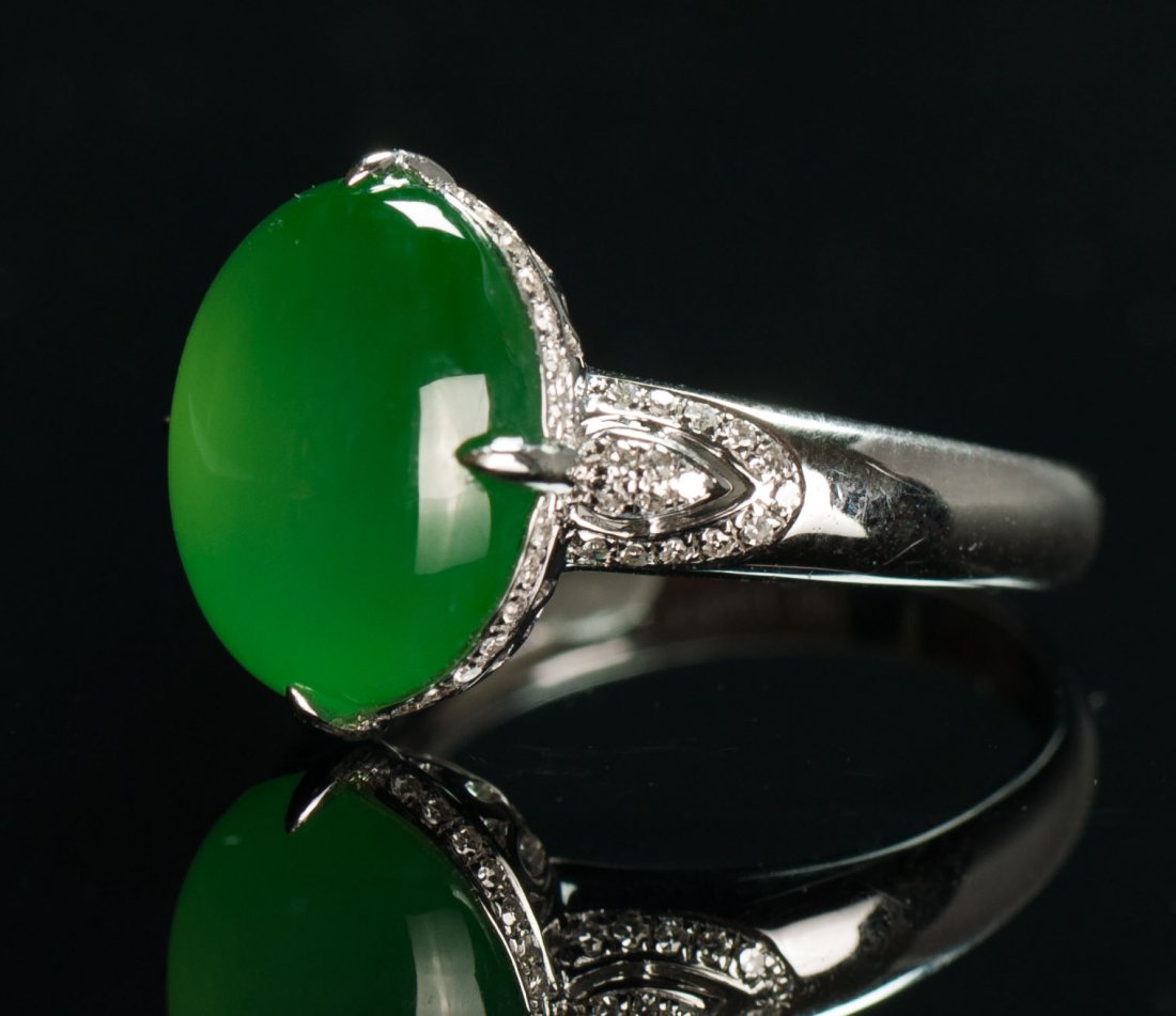 A Highly Translucent Glassy Green Jadeite Diamond Ring (1 of 9)