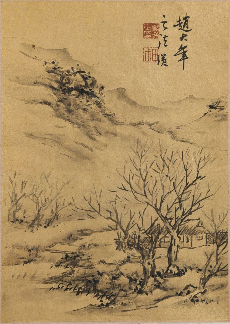 Lan Ying (1585-1664) Ink On Gold Paper, Mounted.: Lan Ying (1585-1664) Ink On Gold Paper, Mounted. Signed And Seal. 26 x 18 cm. (10 1/4 x 7 1/8 in.) 藍瑛（1585-1664）茅舍 鏡心：水墨