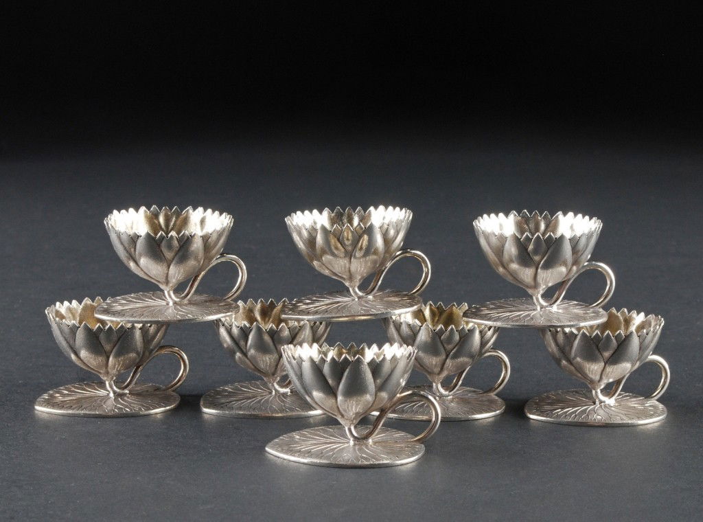 Eight Meriden Britannia Company Individual Salts: Eight Meriden Britannia Company Individual Silver Plate Salts, in the shape of a lily pad. Illustrated in "The Meriden Britannia Silverplate Treasure, The Complete Catalog of 1886-7," page 252.