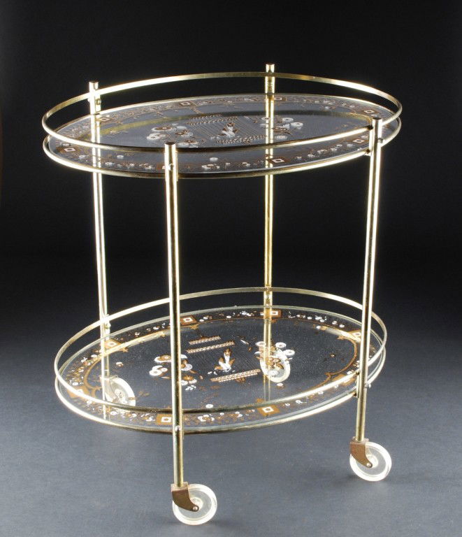 Brass and Glass Tea Cart, Circa 1950: Brass and Glass Tea Cart, Circa 1950. Each removable glass shelve is hand painted on each side with a center painting of a bird in birdcage. One side painted in blue and gold and the other side in gol