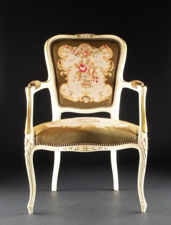 Polychrome Painted and Gilded Arm Chair, Italy: Polychrome Painted and Gilded Arm Chair, Italy, Circa 1940.Italian open arm chair. Upholstered with a floral needlepoint. Height; 34 1/2" x Width; 24" x Depth; 20"