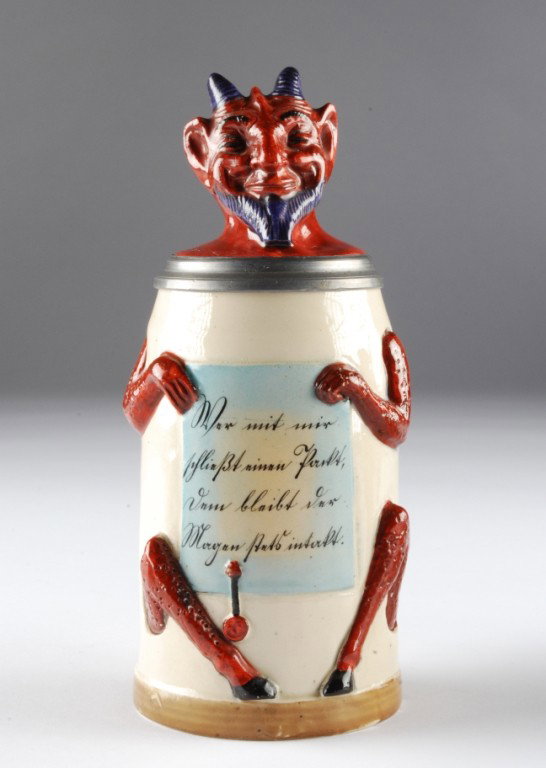 WWI Mettlach Beer Stein, Germany, "The Devil,: Mettlach Beer Stein, Germany, "The Devil,'" circa WWI, .5 liter. Height; 9"
