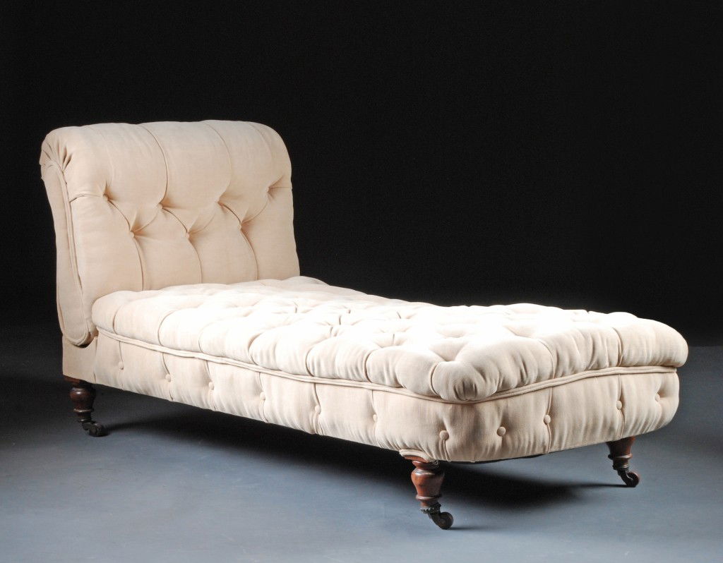 Victorian Chaise Lounge, with tufted upholstery.: Victorian Chaise Lounge, with tufted upholstery. Chaise has bbeen reupholstered retaining the original horse hair padding. Converts to a single bed. Height; 32" x Length; 65" x Width; 28"