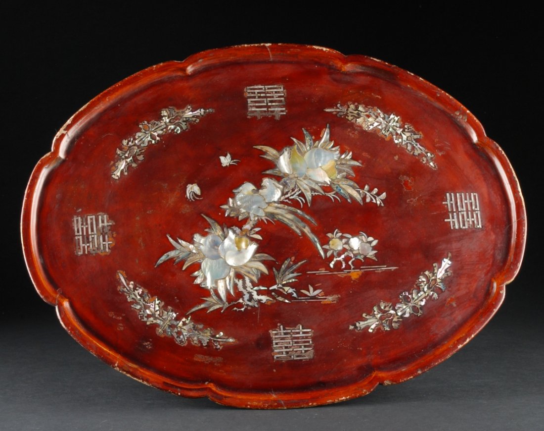 Tray on Stand, 19th Century, having Mother of Pearl inl: Tray on Stand, 19th Century, having Mother of Pearl inlay. Height 9”; width 27 1/2”; depth 20” Condition - some loss to finish and Mother of Pearl inlay. *NOTE TO INTERNATIONAL BIDDERS: Items co