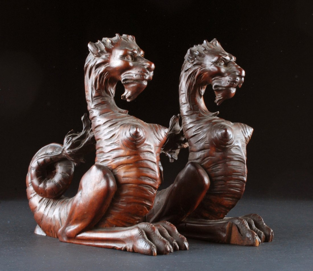 Pair of Carved Gargoyle Finials. Height 8 1/2; length 9: Pair of Carved Gargoyle Finials. Height 8 1/2; length 9”