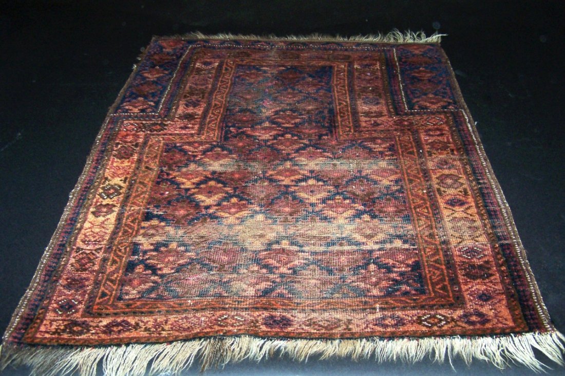 Timuri Baluch Prayer Rug, Antique. 2' 7” x 3' 7”: Timuri Baluch Prayer Rug, Antique. Considerable wear. 2' 7” x 3' 7”