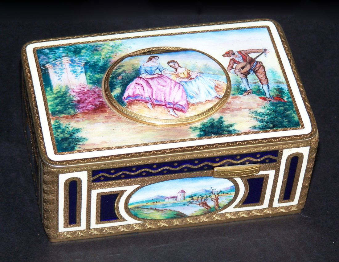 FINE MINIATURE ENAMELED MECHANICAL BIRD MUSIC BOX: FINE MINIATURE ENAMELED MECHANICAL BIRD MUSIC BOX, with a gilt bronze body, having inset porcelain enameled and hand painted scenes. 4 1/4" x 2 3/4" x 1 3/4"