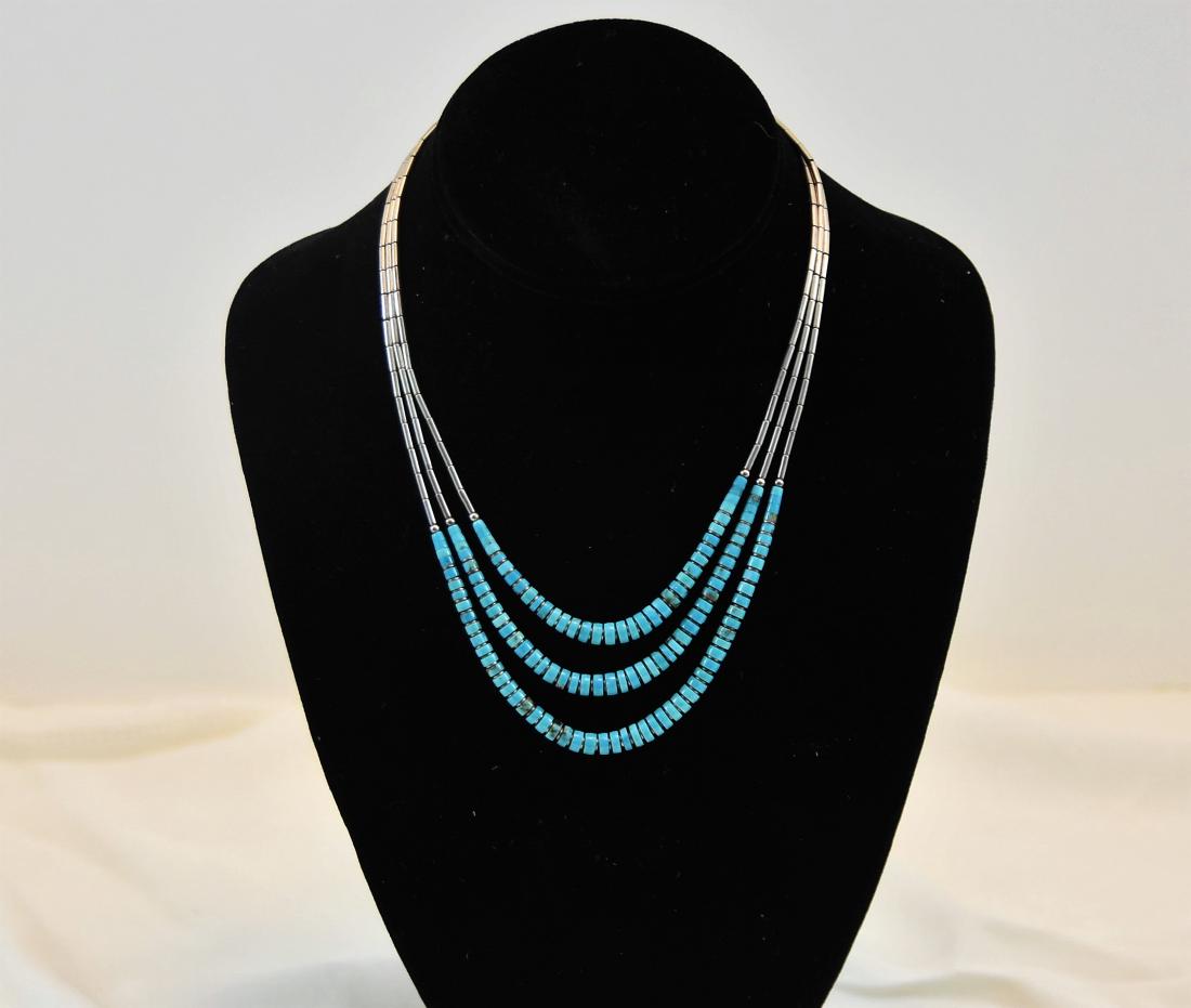 Turquoise Sterling Necklace, Vintage designer jewelry: 16" long with a 3 1/2" cascade drop