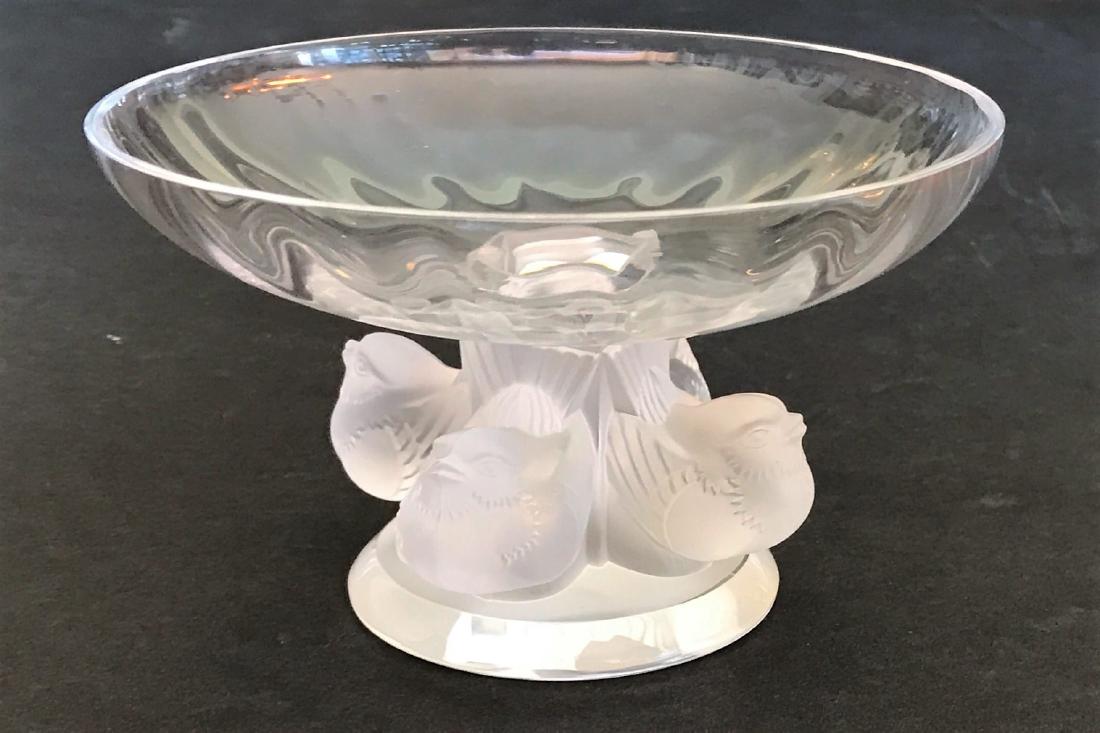Lalique Signed Crystal Pedastal With Birds: Measures 5.5"W x 3.5"H with 4 birds around the base