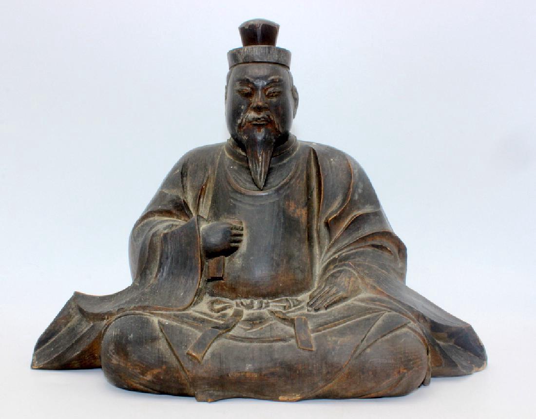 Vintage Chinese wood Carving of Kwan Yin seated Buddha: removable Head for secret oils. 7 1/4" X 9 1/4" wide
