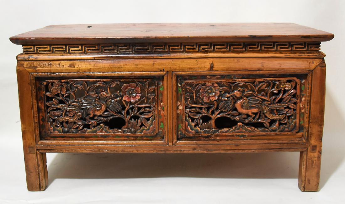 Oriental Antique carved wood table: Chinese export stamp on bottom 31"L x 15.5"H x 14"W