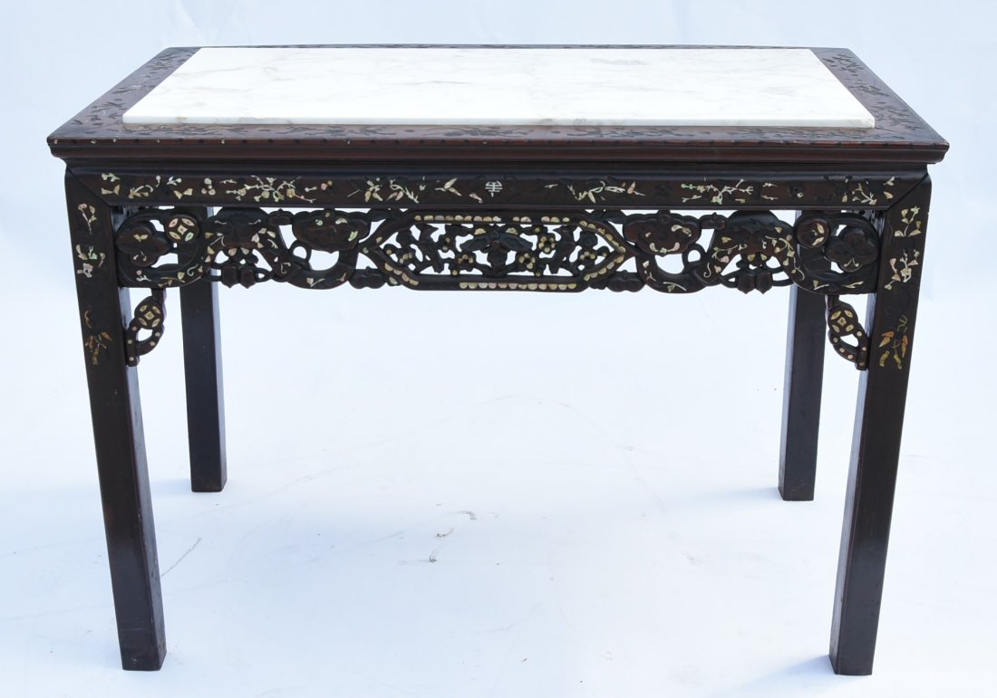 Chinese early 1900 Table Mother of pearl inlay: Mother of pearl inlay Huali wood or Known as Padauk. A few inlays are missing over all good condition very old mother of pearl inlay.