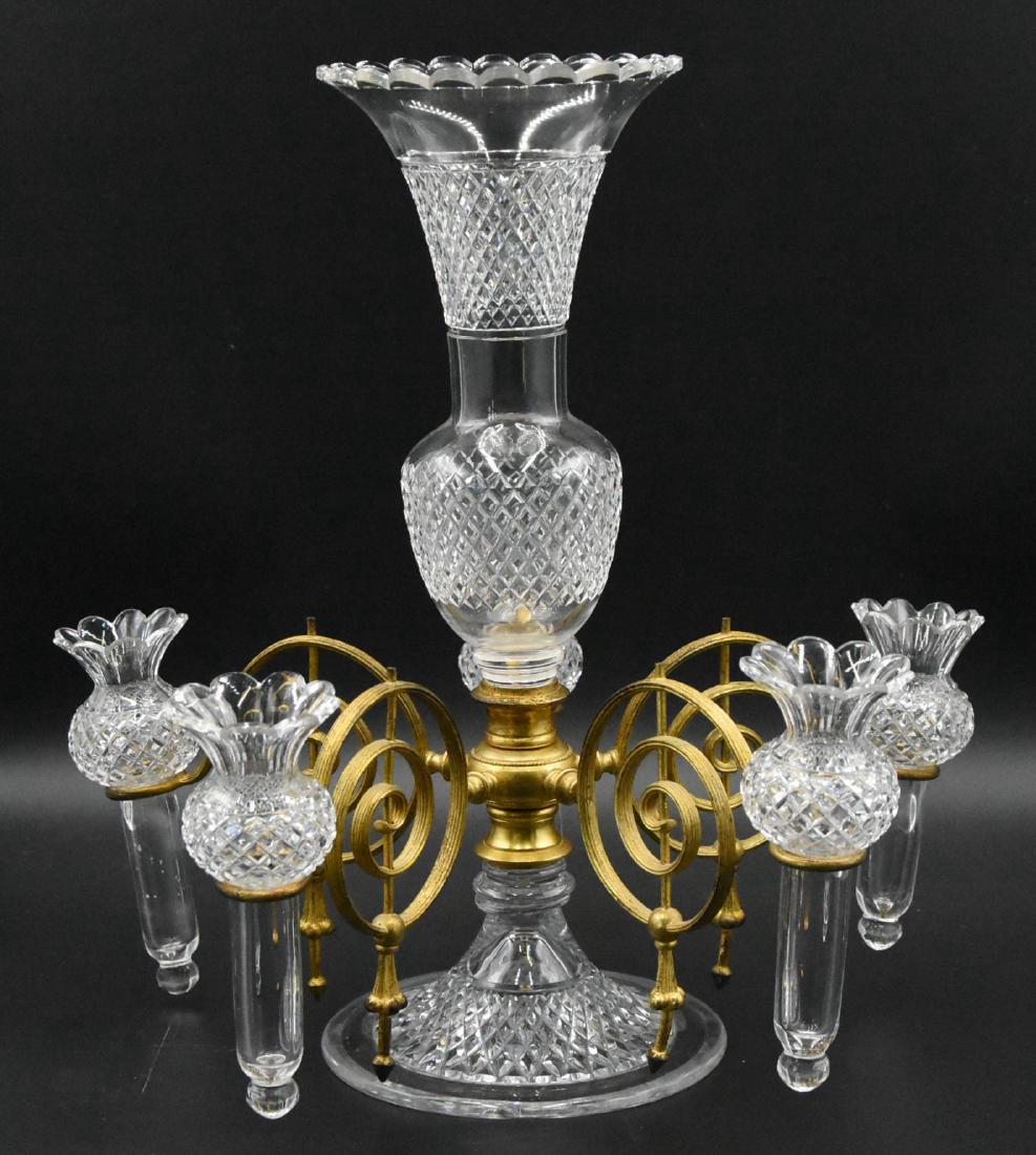 F. & C Osler Epergne signed Famed Crystal for Royalty: Circa 1876 = 1885 Crystal & British Gilt Bronze cr.1870 for Royalty and Rajahs From Birmingham England. Excellent conditionthere are no cracks, chips or repairs. This piece measures 13"H x 13"W