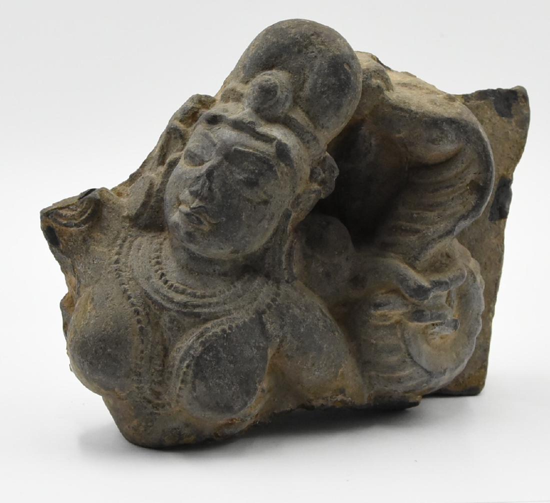 Asian Sandstone Bust: Southeast Asian stone bust of Hindu Goddess on base - bust: 7" long, 6" tall, 4.5" wide - base: 8" long, 3.5" wide, 2" tall - very early period