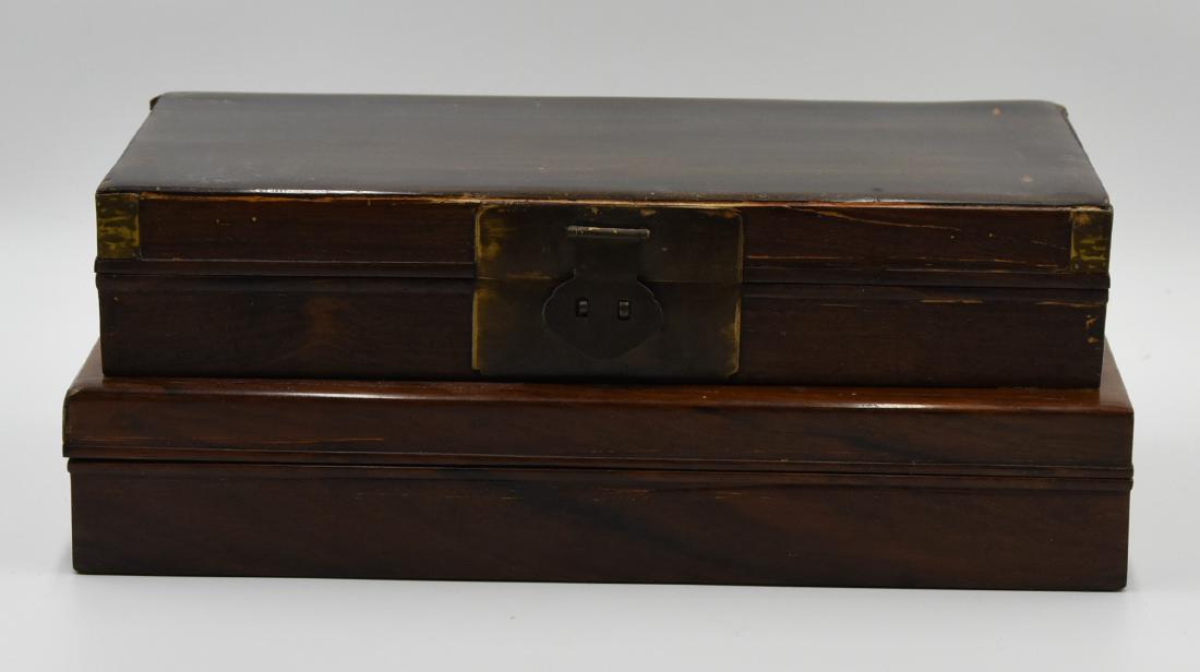 Asian Boxes (2): Asian Boxes with Brass Hinges/Scroll Work - 1st box: 12.5 long, 7" wide, 2.5" deep - 2nd box: 12" long, 6.5" wide, 2.5" deep - very old