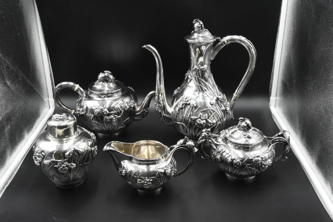 Silver Coffee/Tea Service: Silver Coffee Set - Iris Pattern - Arthur & Bond - Elaborate 5 Piece Art Noveau Japanese Tea Set - Sugar Bowl & Lid: 8" wide, 8 " long, 5" tall, Creamer: 7"long, 5"wide, 3.5" tall, Tea Caddy 6.5" tall