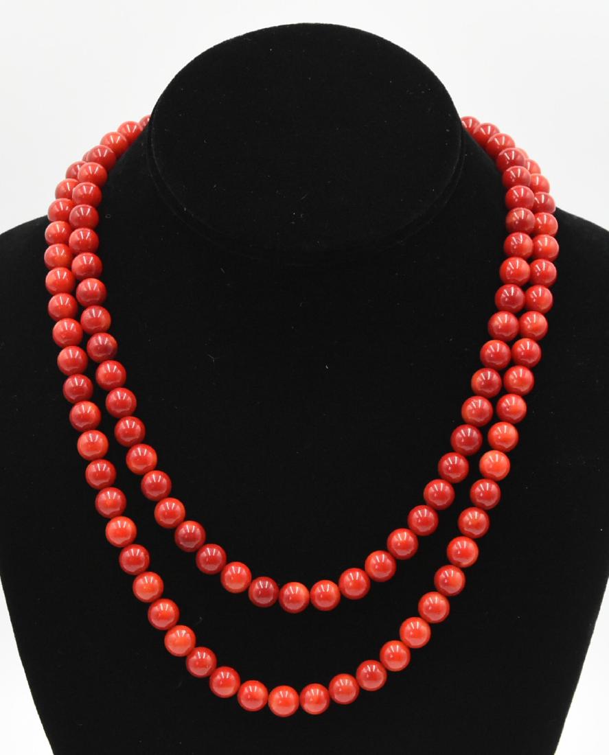 Natural Coral Necklace beads double strand w/ 925: Natural Coral Necklace beads double strand w/925 silver clasp (2) 18" long strings 9" drop. Color red. 2.87 Ozt