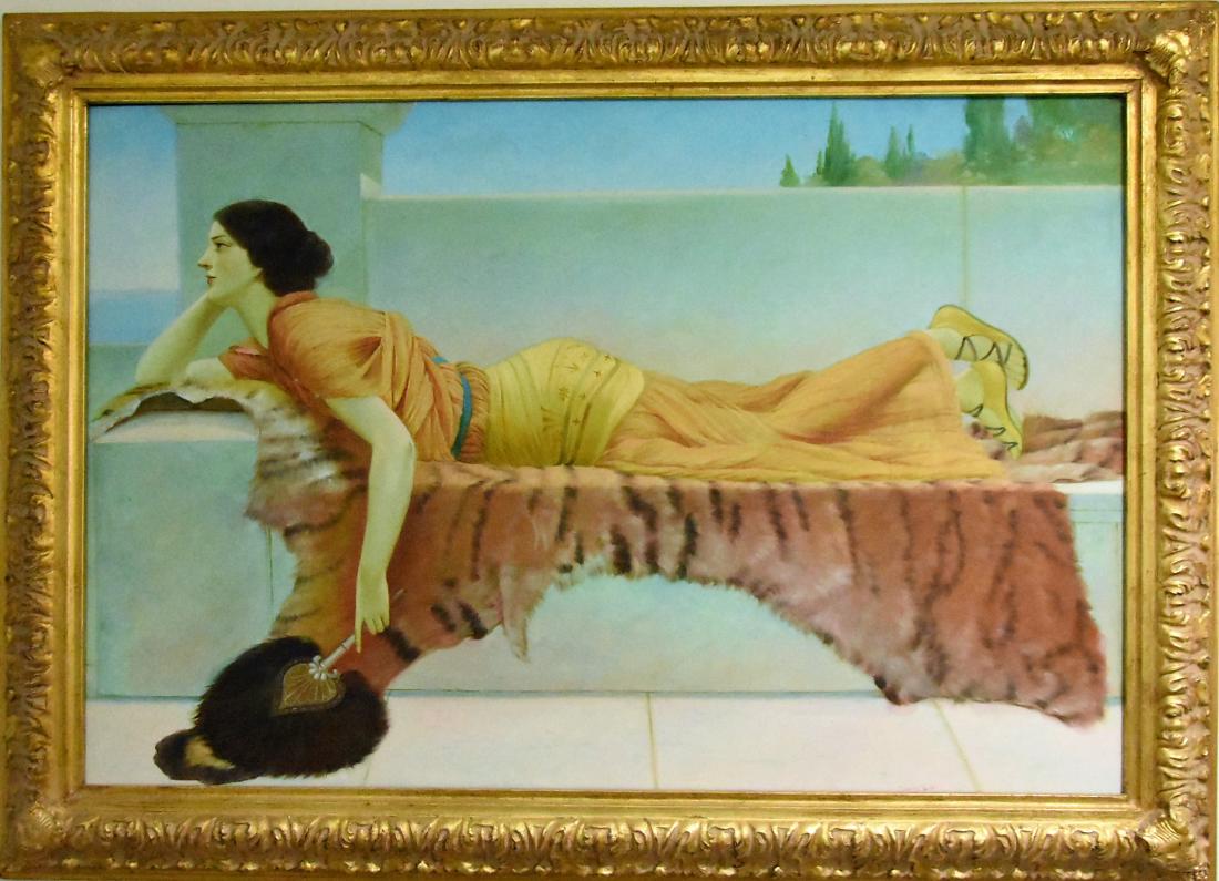 John William Godward in the manner of oil on canvas: 35" L x 23" Gold gallery framing size 43"w x 30"h Oil on canvas