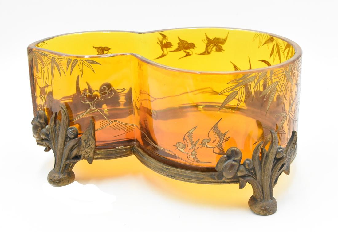 Baccarat 1930s Amber Color glass bronze art nouveau: Size 10"L x 6.5"W x 5"H 14k gold rim and etchings,