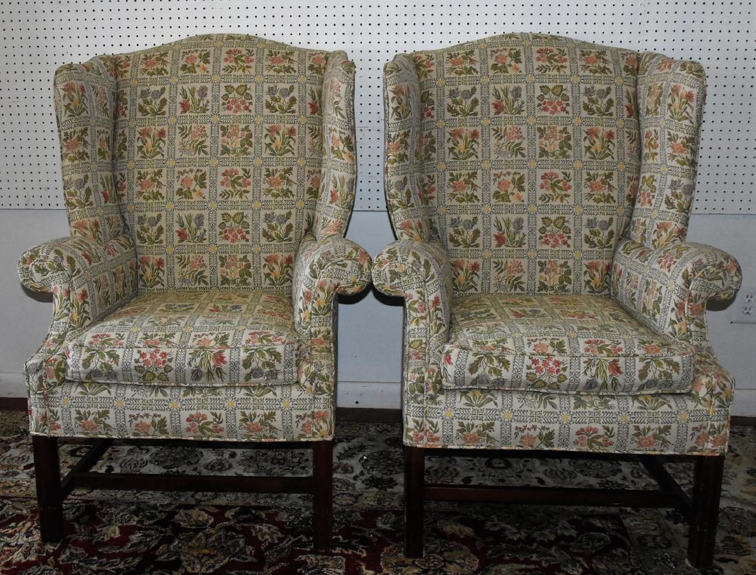 Pair of Upholstered Floral Armchairs: 30L X 32W X 46H *Some distress on wood legs
