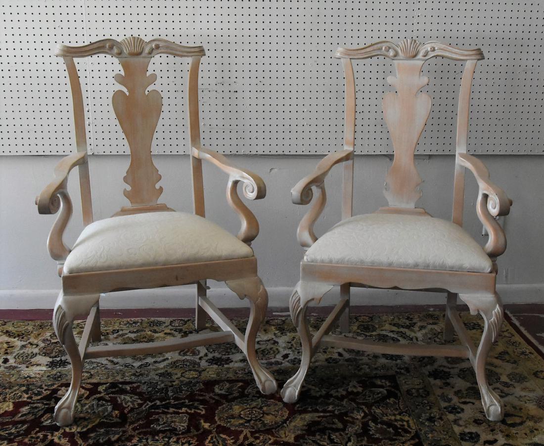 Pair of Cream Upholstered Chairs: Bottoms are ripped, arm is damaged --- 26L X 25W X 42H