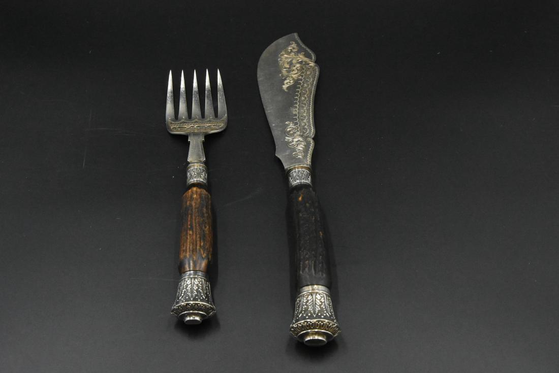 Serving Knife and Fork: Silver Plated with Horn Handles -- Knife 13" , Fork 10"