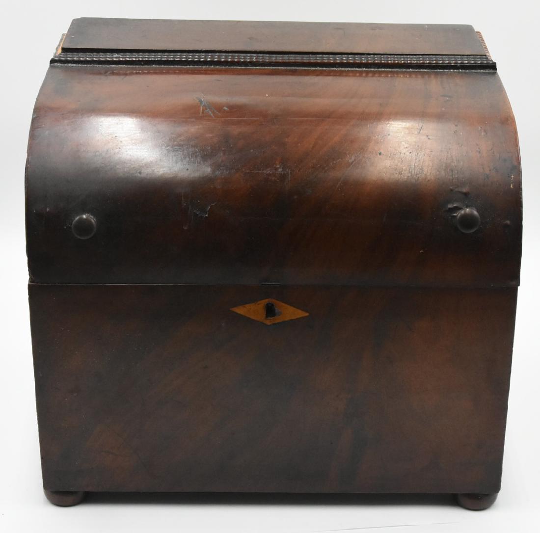 Antique Liquor Chest: Antique English Victorian Oak Traveling Tantalus Liquor Box containing 6 decanters and lids with gold leaf - small flaw top corner - need measurements