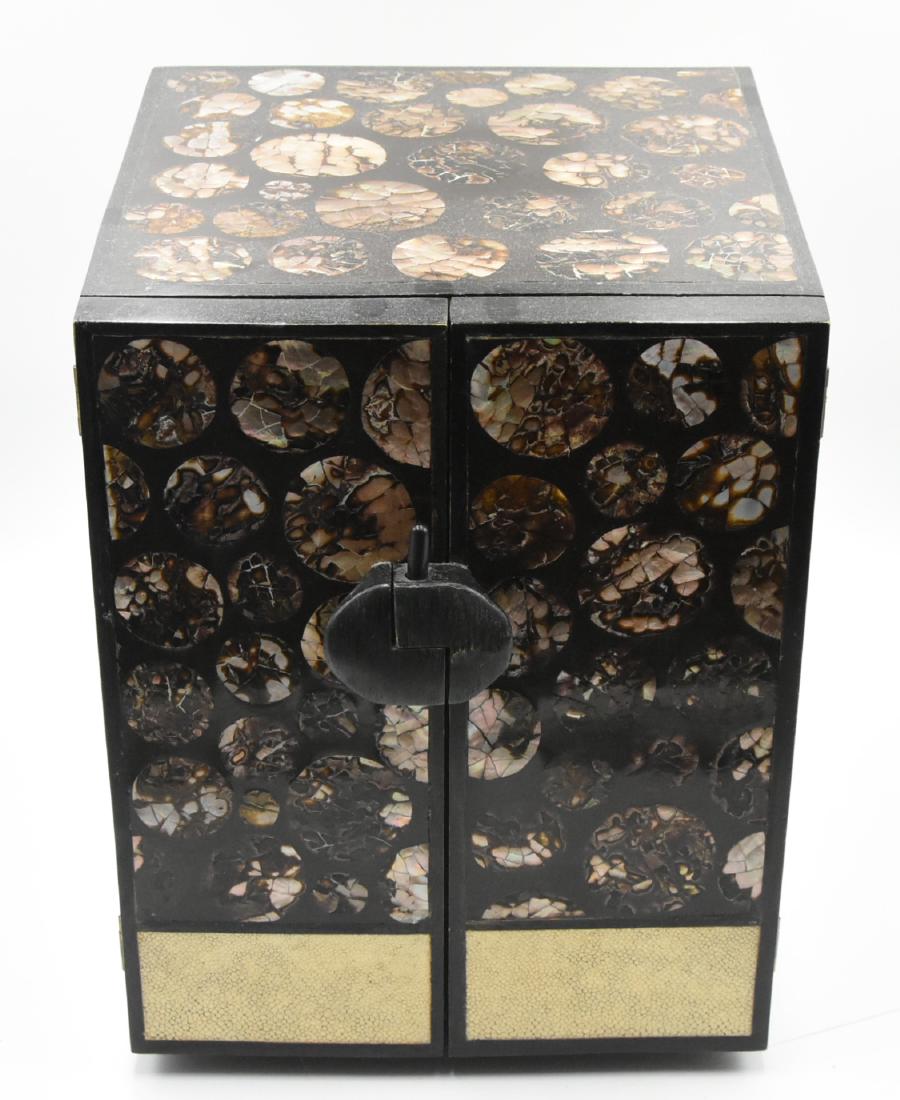 Jewelry Box: Jewelry Box with mother of pearl inlay - Animal Skin Border - 8 drawers - signed R&Y Augousti - Paris - 12" high, 10" deep, 9.75" long - Mid Century