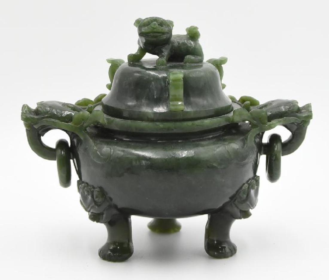 Chinese antique dark green jade carved dragon incense: 6.5" x 5.2" x 5" Top Finial Foo dog