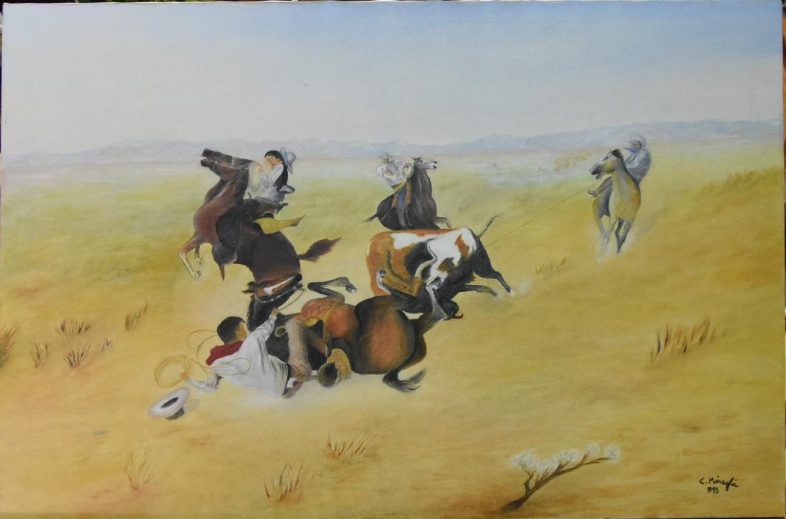 Original C. Miraglia Native American Acrylic on Canvas: Native American Acrylic on Canvas signed by artist C. Miraglia 1993 36"w x 24"H